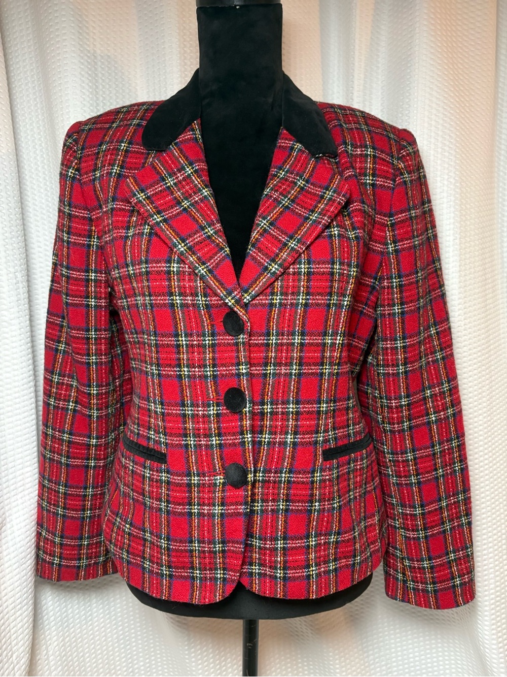 Norton McNaughton VTG 90’s Red Plaid Wool Blend Blazer Velvet Collar Petite 12